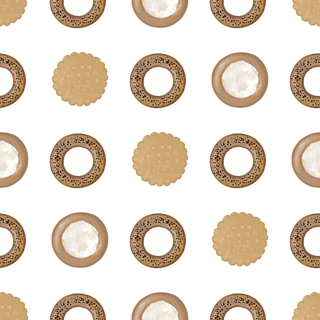 Naadloos patroon met ronde koekjeskaastaart en bagels