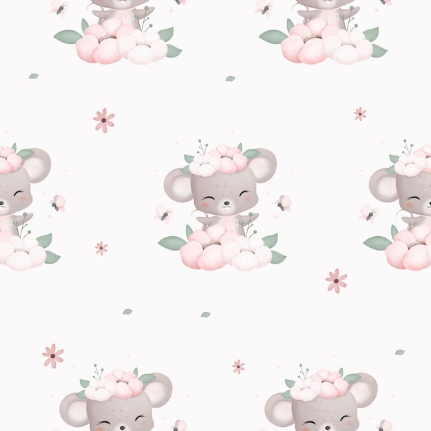 Naadloos patroon met roze bloemen en schattige babydieren