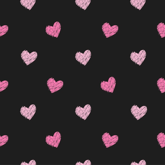 Naadloos patroon met roze harten op zwarte achtergrond