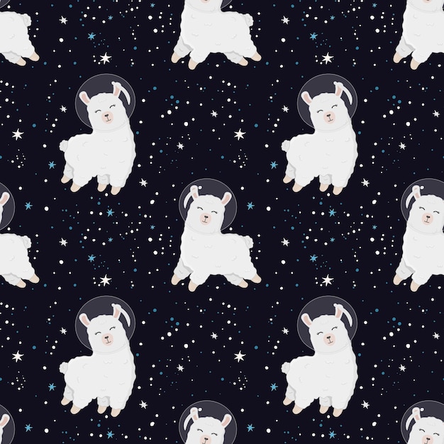 Naadloos patroon met schattige alpaca-astronaut op sterrenhemelachtergrond Perfect voor het inpakken van papieren posters, stof en ander ontwerp Leuke lama