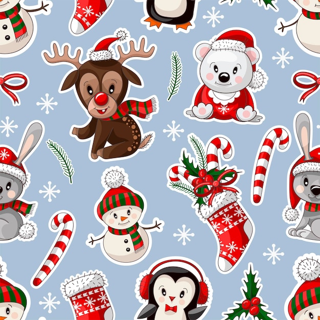 Naadloos patroon met schattige babydieren op kerstkleding Vector