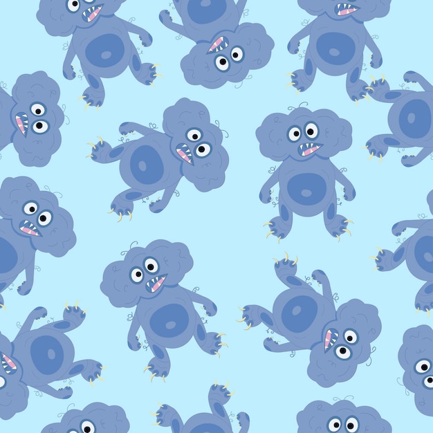 Naadloos patroon met schattige blauwe monsters op lichtblauwe achtergrond