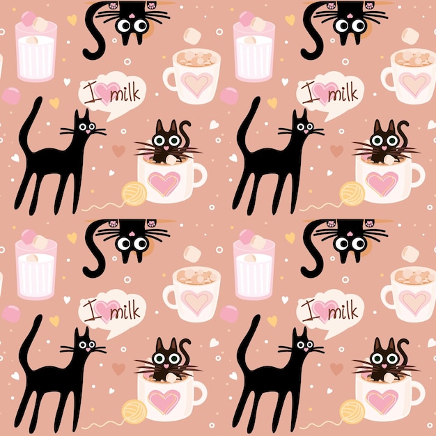 Naadloos patroon met schattige cartoon zwarte katten harten en marshmallows