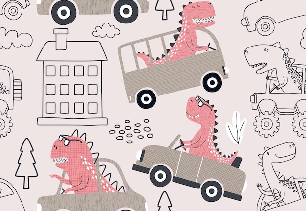 naadloos patroon met schattige dinosaurus rijdende auto's.