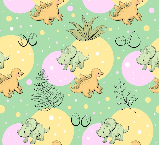 Naadloos patroon met schattige dinosaurus stegosaurus en triceratops in kawaii stijl vector