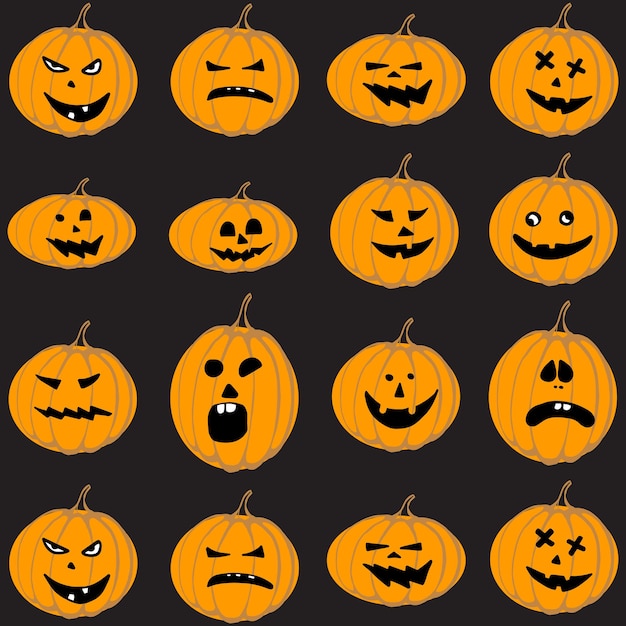 Naadloos patroon met schattige Halloween-pompoenen in cartoonstijl op een zwarte achtergrond
