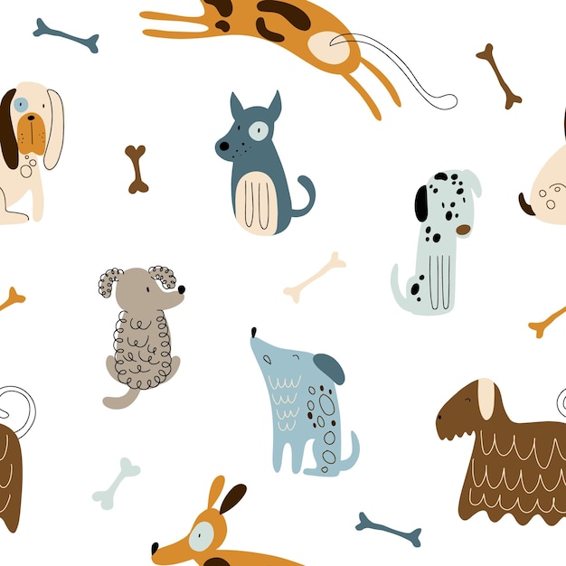 Naadloos patroon met schattige honden in doodle stijl op een witte achtergrond