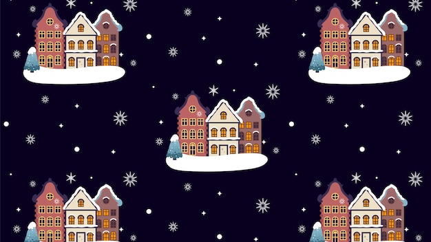Naadloos patroon met schattige huisjes in de sneeuw. kerstmis, cadeauverpakking