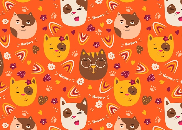 Naadloos patroon met schattige katten op een feloranje achtergrond Voor textielkleding