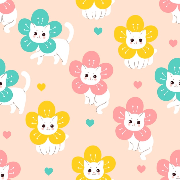 Vector naadloos patroon met schattige kawaii bloem katten vector grafiek