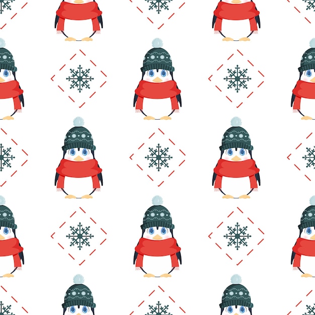 Naadloos patroon met schattige pinguïn in een wintermuts en een rode sjaal. patroon met rode draden en sneeuwvlokken. geschikt voor ansichtkaarten, inpakpapier, boeken en posters. vector illustratie.