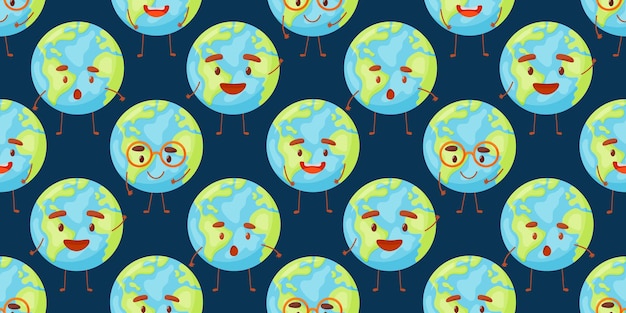 Naadloos patroon met schattige planeet aarde karakters met gezicht kawaii globe funny hemellichaam