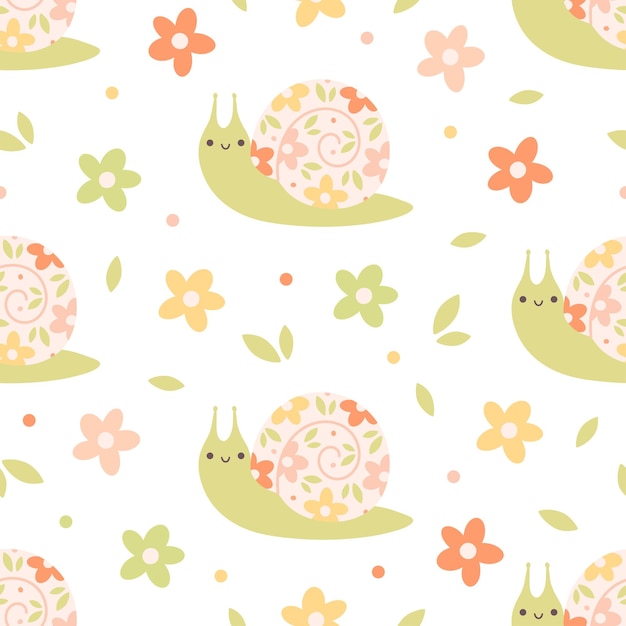 Naadloos patroon met schattige slakken en bloemen Lente en zomer naadloos patrone