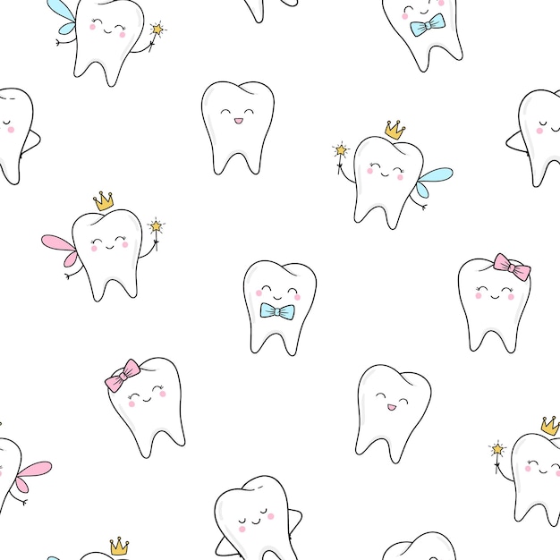 Vector naadloos patroon met schattige tanden tandenfee in cartoon-stijl tandheelkundige schattige achtergrond