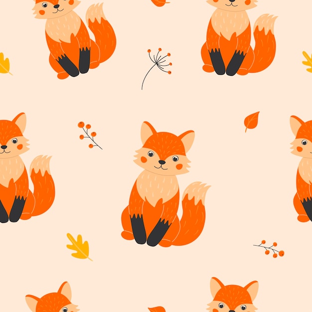 Naadloos patroon met schattige vossen takjes met bessen en herfstbladeren in cartoon stijl