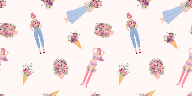 Naadloos patroon met schattige vrouwen Vector design concept voor Happy Women's Day en andere