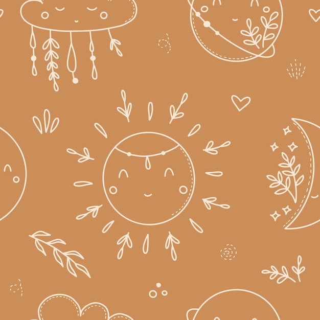 Naadloos patroon met schattige zon, wolk, maan en planeet in boho-stijl Vectorillustratie voor textielpapier Digitaal papier voor babyshower