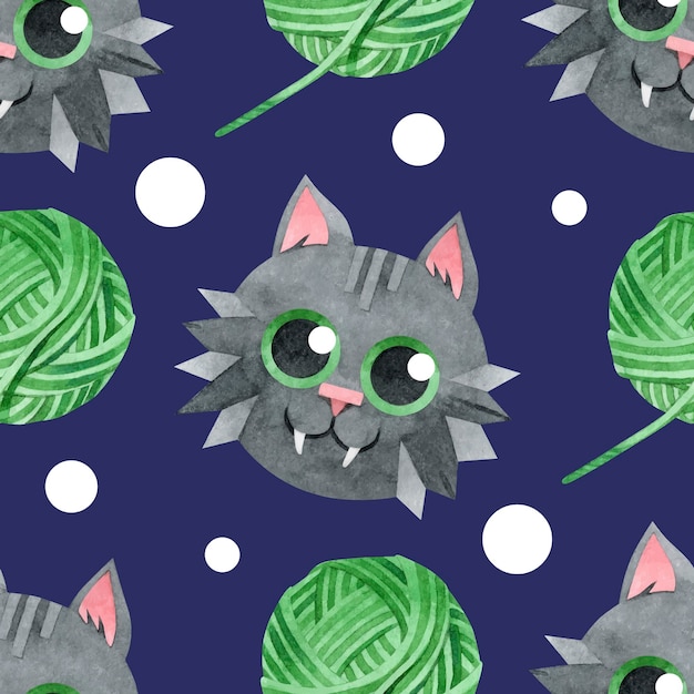 Naadloos patroon met schattige zwarte katten en groene wollen ballen Een speeltje voor een kat Breien is een hobby Aquarel handgetekende illustraties op een blauwe achtergrond Voor kindertextiel behanghoezen