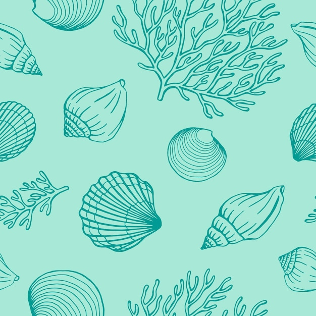 Naadloos patroon met schelpenkoralen Mariene achtergrond Vectorillustratie in schetsstijl