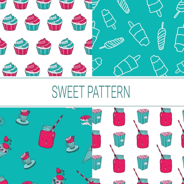 Vector naadloos patroon met snoep smoothies en cupcakes