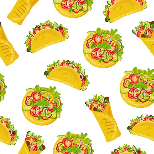 Vector naadloos patroon met taco's, burrito's en tostadas