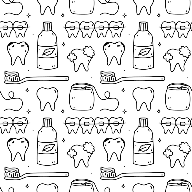 Naadloos patroon met tandheelkundige producten mondwater tandzijde tandheelkundige draad tandheelkundige beugels tandenborstel mondhygiëne