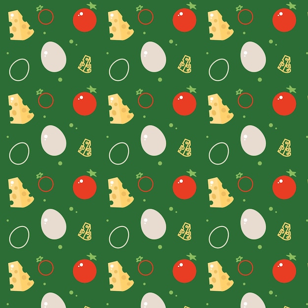 Vector naadloos patroon met tomatenei en harde kaas ontbijtbehang op een groene achtergrond overzichtskleur vectorillustratie