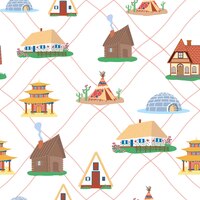 Vector naadloos patroon met traditionele gebouwen van verschillende landen met huizen van over de hele wereld