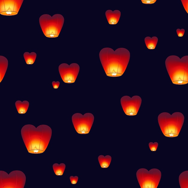 Naadloos patroon met traditionele kongming-lantaarns die in donkere nachthemel vliegen. achtergrond met chinese decoraties voor de viering van het medio herfstfestival. gekleurde illustratie voor textieldruk.