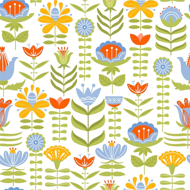 Naadloos patroon met verschillende bloemen en bladeren. Folk motief.