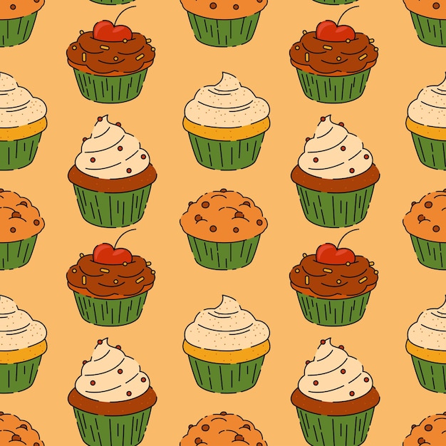 Vector naadloos patroon met verschillende cupcakes doodle vector achtergrond