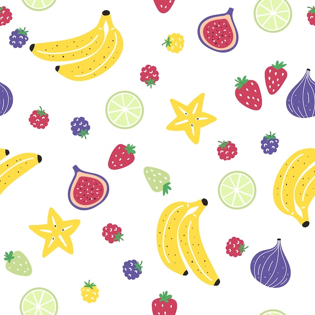 Naadloos patroon met verschillende soorten fruit zoals banaan, vijgencarambola, limoen en bessen Zomerontwerp