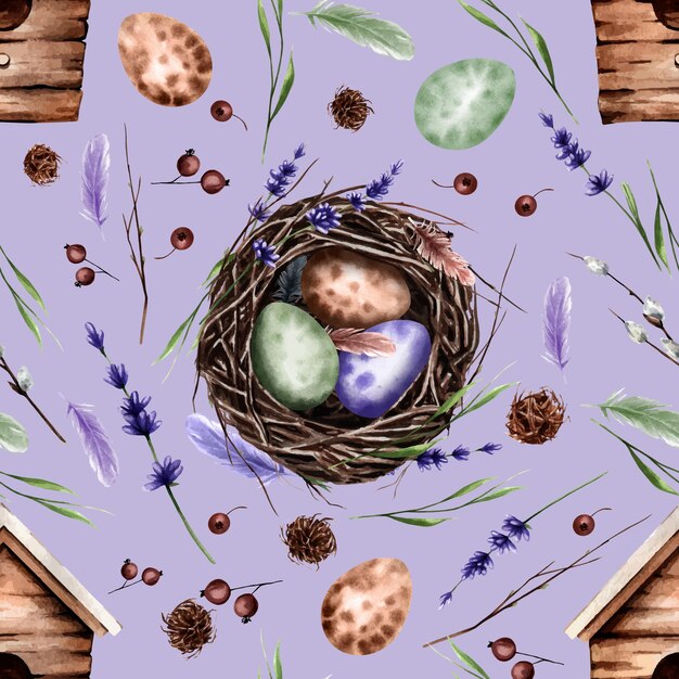 Naadloos patroon met vogels nest en eieren voor Pasen Takken veren vogelhuisje nest lavendel
