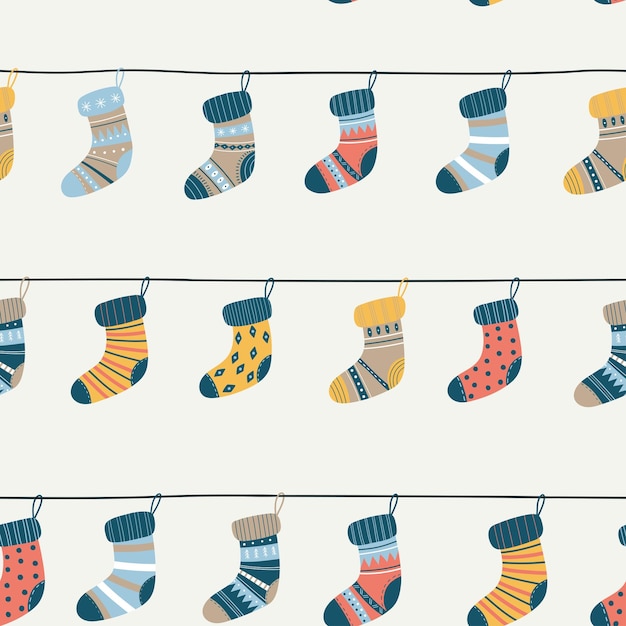 Naadloos patroon met warme sokken met verschillende textuur en kleur. Vector wintersokken op touw.