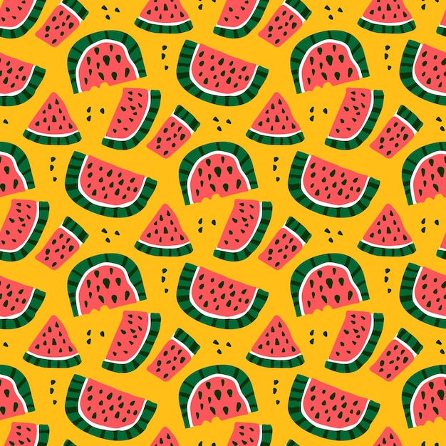 Vector naadloos patroon met watermeloen op een gele achtergrond.