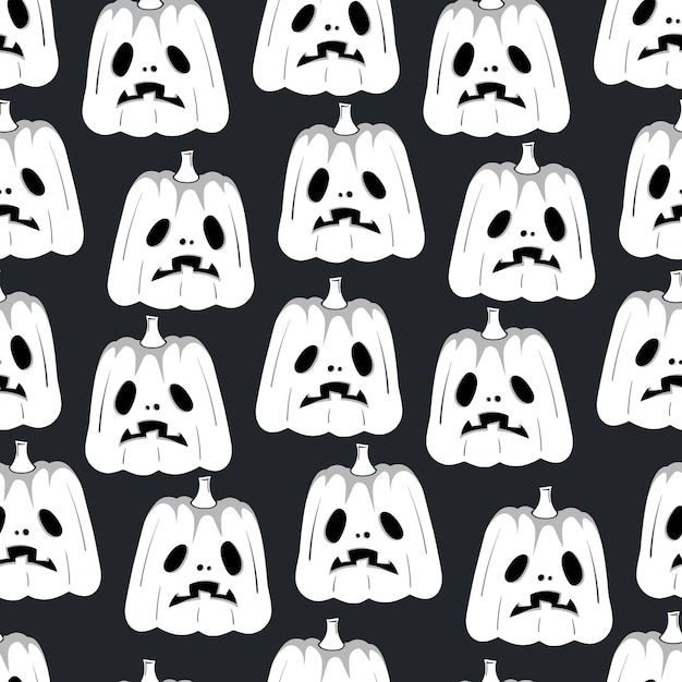 Naadloos patroon met wit silhouet van een pompoengezicht met zwarte ogen voor halloween op de donkere achtergrond