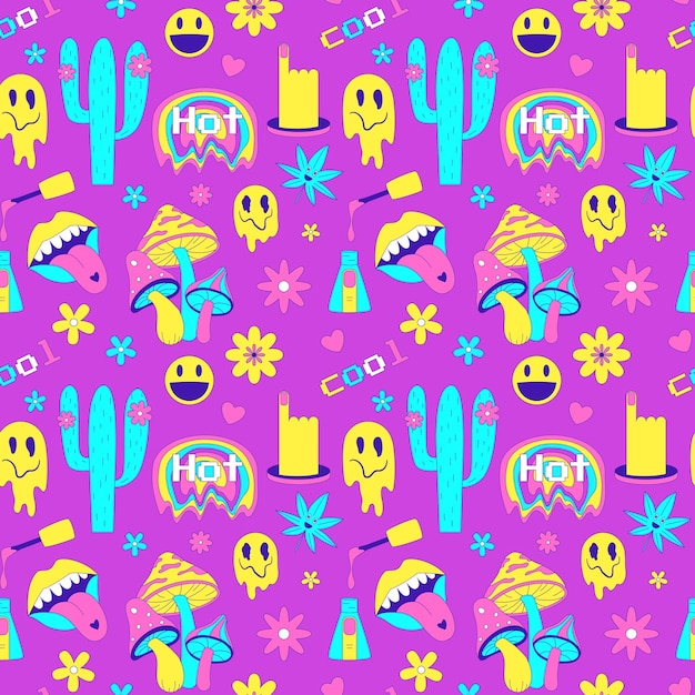 Naadloos patroon met y2k-stijlelementen Zure, levendige neonkleuren Helder jeugdpatroon met symbolen uit de jaren 70 Cactus psychoholic paddestoelen hennepblad Vectorillustratie op roze achtergrond