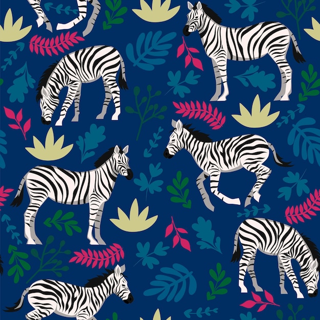 Naadloos patroon met zebra's en planten