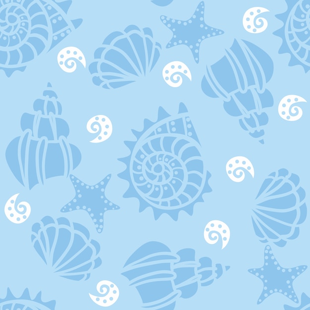 Naadloos patroon met zeeschelpen op blauw