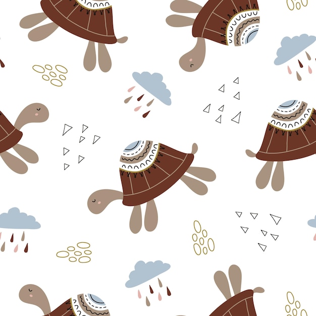 Naadloos patroon met zeeschildpad in boho-stijl vectorillustratie geïsoleerd op een witte achtergrond voor kinderdagverblijf en textieldecoratie