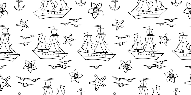 Naadloos patroon met zeilschipanker en bloemen Leuk maritiem patroon voor stof babykleding achtergrond textiel verpakkingspapier en andere decoratie Vectorillustratie zwart-wit