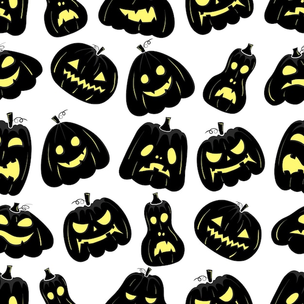 Naadloos patroon met zwart silhouet van een pompoengezicht met gele gloeiende ogen voor halloween op een witte achtergrond