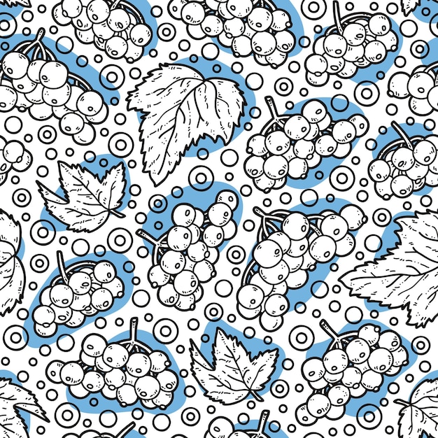 Vector naadloos patroon met zwart-witte viburnum en bladeren op een blauwe achtergrond