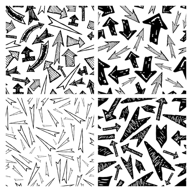 Naadloos patroon met zwarte handgetekende pijlen set van vier creatieve abstracte achtergronden vectorillustratie
