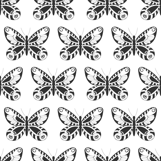 Naadloos patroon met zwarte silhouetten van vlinders geïsoleerd op een witte achtergrond Eenvoudig zwart-wit abstract overzichtsontwerp