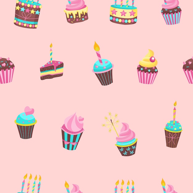Naadloos patroon Mooie verjaardagstaarten met kaarsen Voor afdrukken op textielpapier Voor het verpakken van geschenken en snoep Om een leuke vakantie te versieren