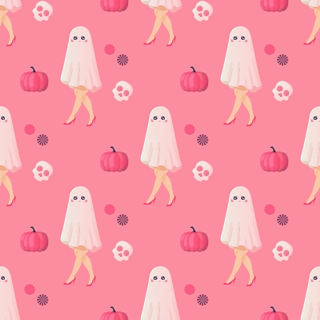 Naadloos patroon roze spookmeisje glamour pompoen cocktail Halloween feest Vector illustratie