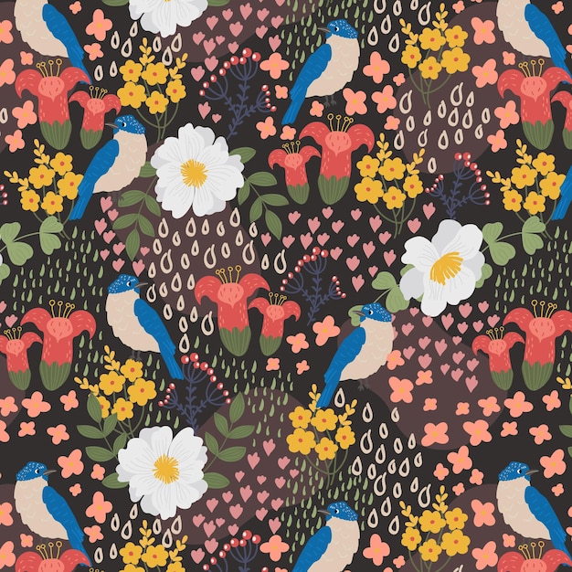 Naadloos patroon van bloemen en schattige blauwe vogel op een donkere backgroundVintage Decorative background