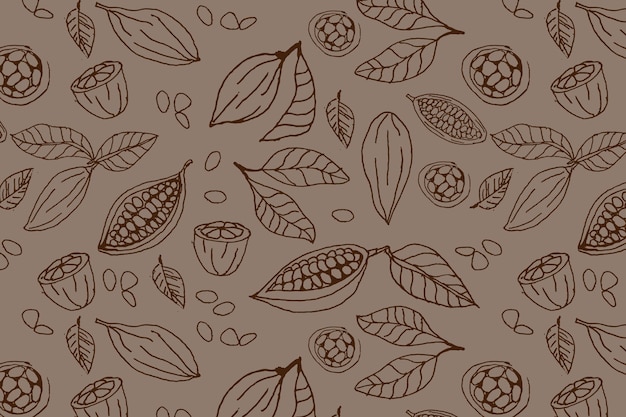 Naadloos patroon van cacaobonen en bladeren