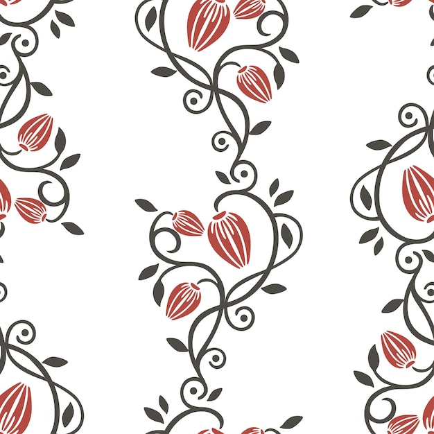 Naadloos patroon van decoratieve vintage twijgen met rode bloemenknoppen